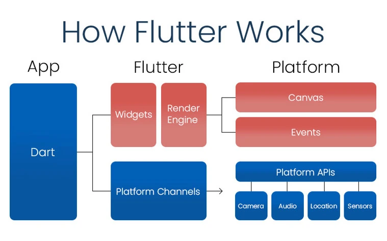 How Flutter works: Dart code drives Widgets, a Render Engine, and Platform Channels, which talk to the platform's Canvas, Events, and native APIs like Camera, Audio, Location, and Sensors